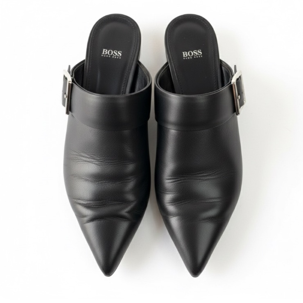 HUGO BOSS Linda Black Leather Pointed Toe Mules Buckle Italy 38 US 8